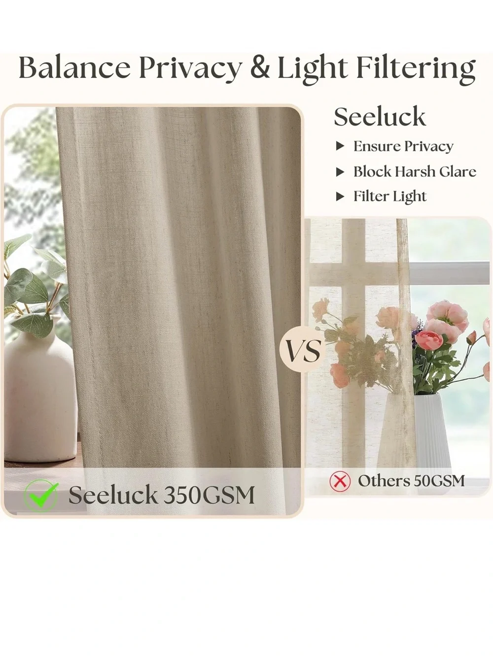 New Open Bag Light Brown Pinch Pleat Semi Sheer Linen Curtains 80 Inch Long
